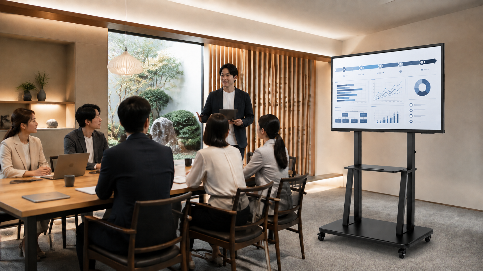 動 DouスタンドとTAKUMI Biz Boardを会議室に設置したイメージ