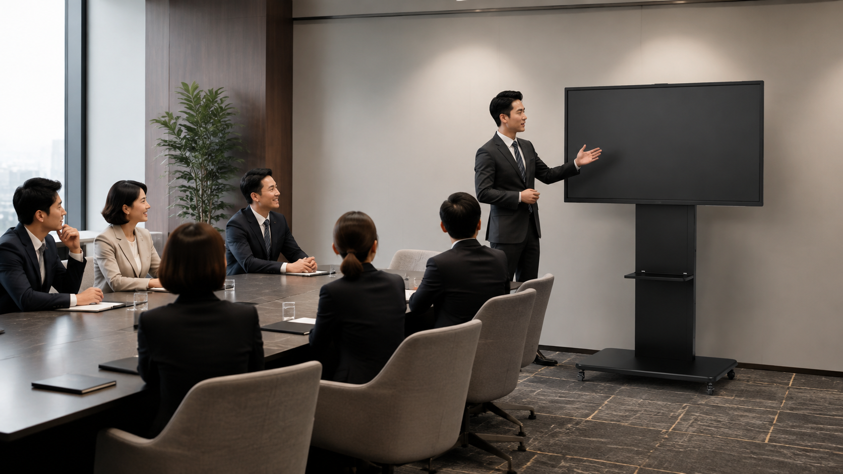凛 RinスタンドとTAKUMI Biz Boardを会議室に設置したイメージ